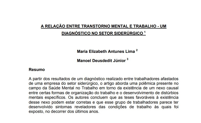 A Relação entre Transtorno Mental e Trabalho - Um Diagnóstico no Setor Siderúrgico