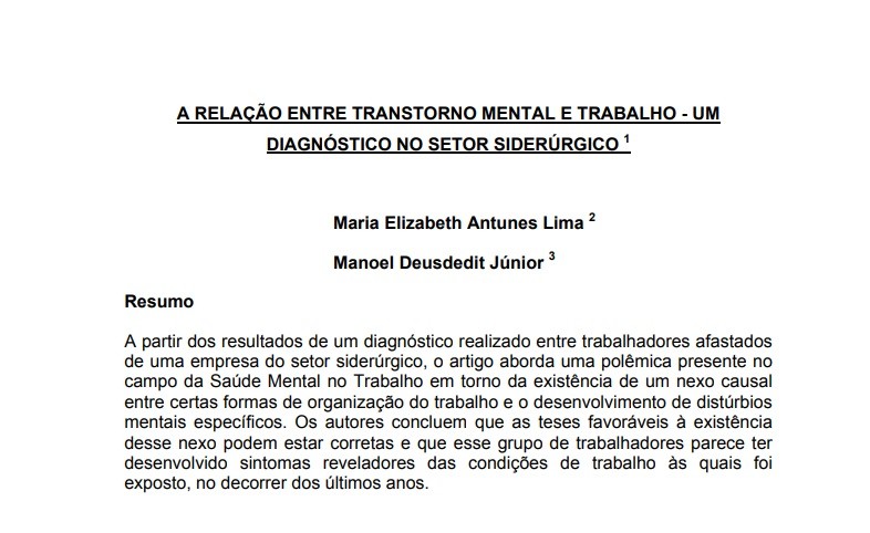 A Relação entre Transtorno Mental e Trabalho - Um Diagnóstico no Setor Siderúrgico 