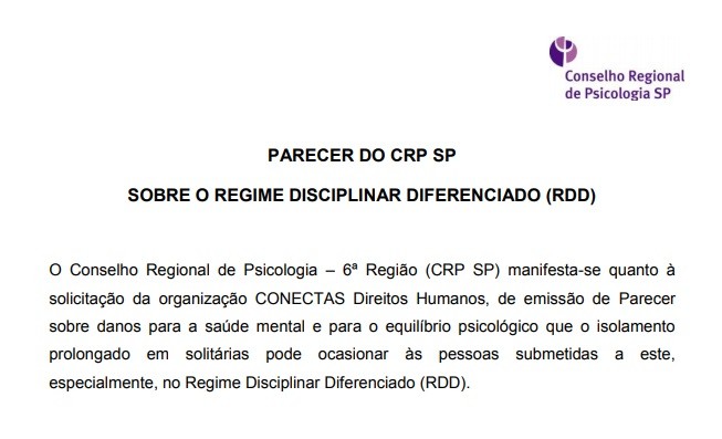 PARECER DO CRP SP SOBRE O REGIME DISCIPLINAR DIFERENCIADO (RDD) 